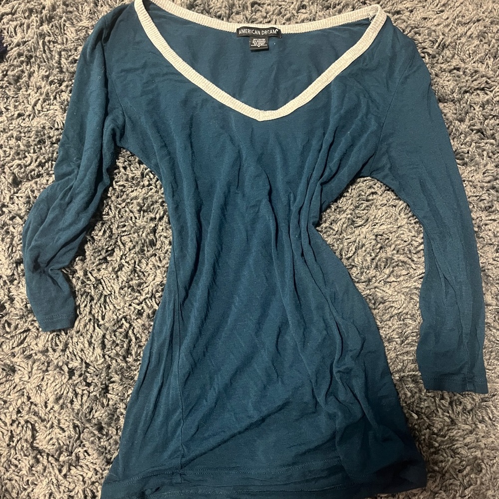 American Dream Blue V-Neck Long Sleeve Top
